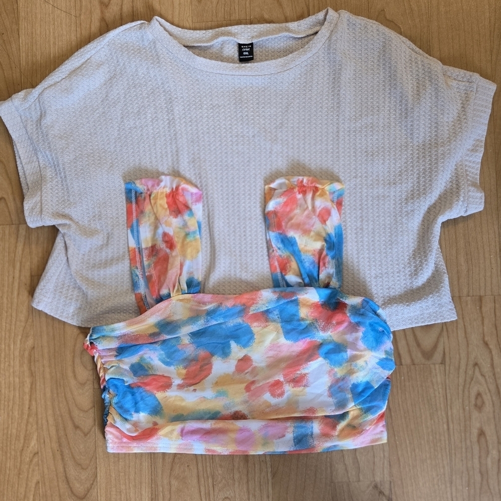 Xl Shirt Bundle Cream Waffle Textured Top And Multi Colored Cropped Tank Artsy